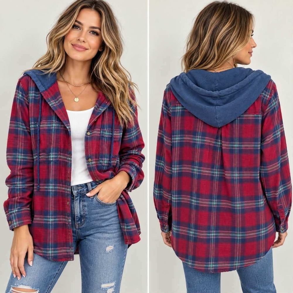 American Eagle Flannel Women Large Red Blue Hooded Plaid Button Down Distressed